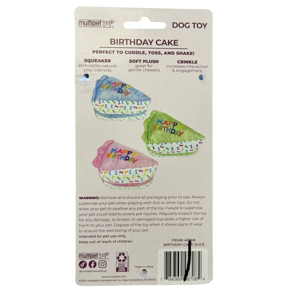 Multipet Happy Birthday Cake Slice Plush Squeak Crinkle Dog Toy Blue 48708 NWT